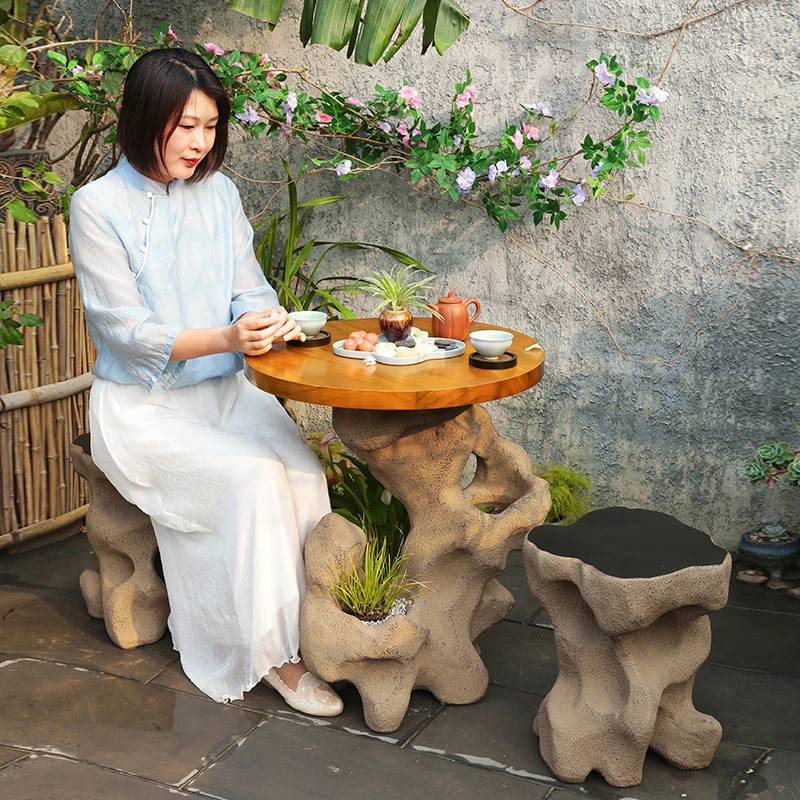 汉韵堂阳台仿石桌石凳庭院新中式户外花园艺术圆形防腐柚木小茶台