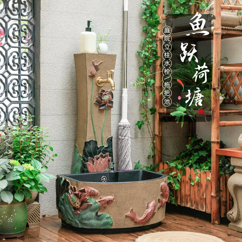 汉韵堂庭院花园布置立式水栓中式装饰户外浇花防裂立柱龙头拖把池