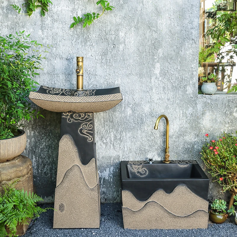 汉韵堂户外洗手盆阳台露台复古洗手台盆室外庭院花园立柱式洗脸盆