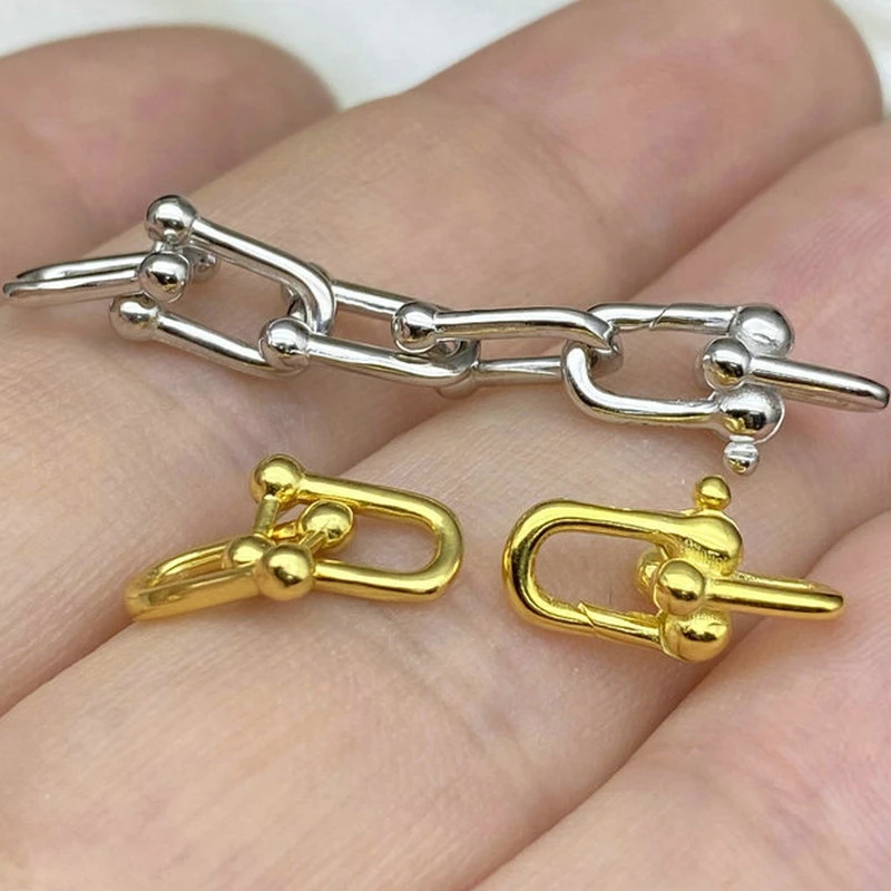 925银银制品 s925银扣子仿珍珠项链扣头U形马蹄扣加长链条连接扣