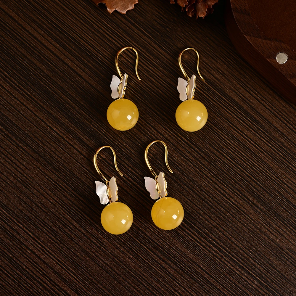 【云上好物】9 DS17333-S925银镶嵌蜜蜡耳钩-多样性发一件-11mm（JG）