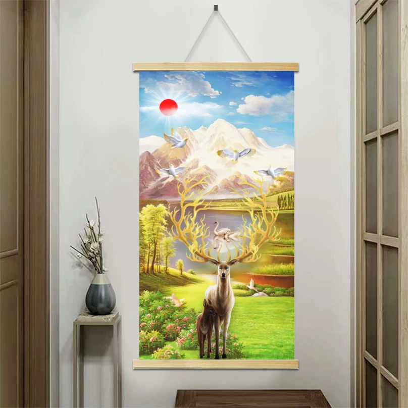 暴力熊麋鹿中式玄关卡通挂画玩偶挂轴客厅挂轴挂画高品质精致印刷