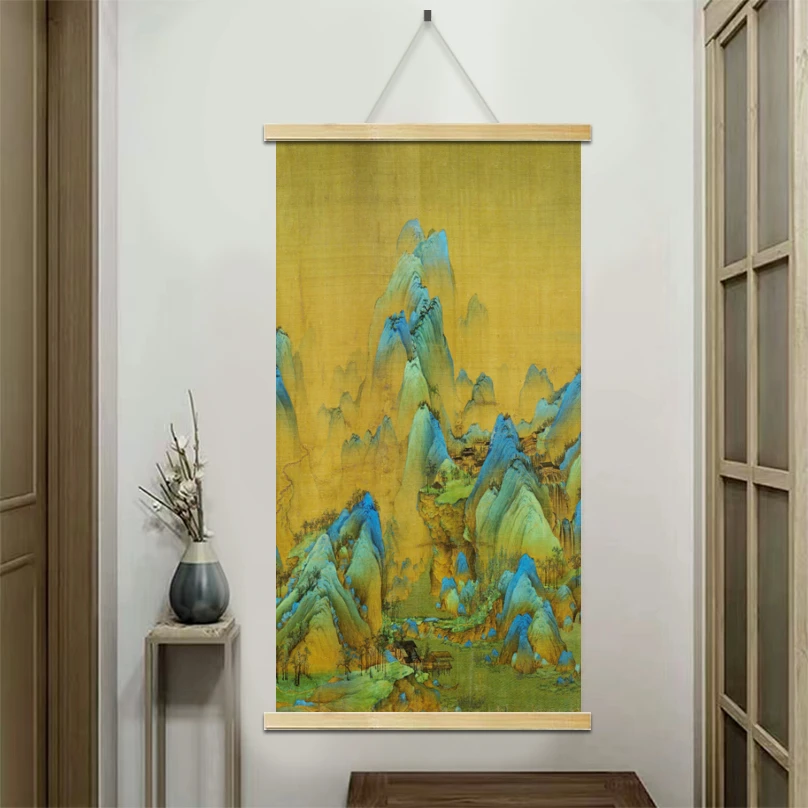 千里江山图清晰木轴布艺挂画实木挂画卷轴山水清新家居装饰高品质