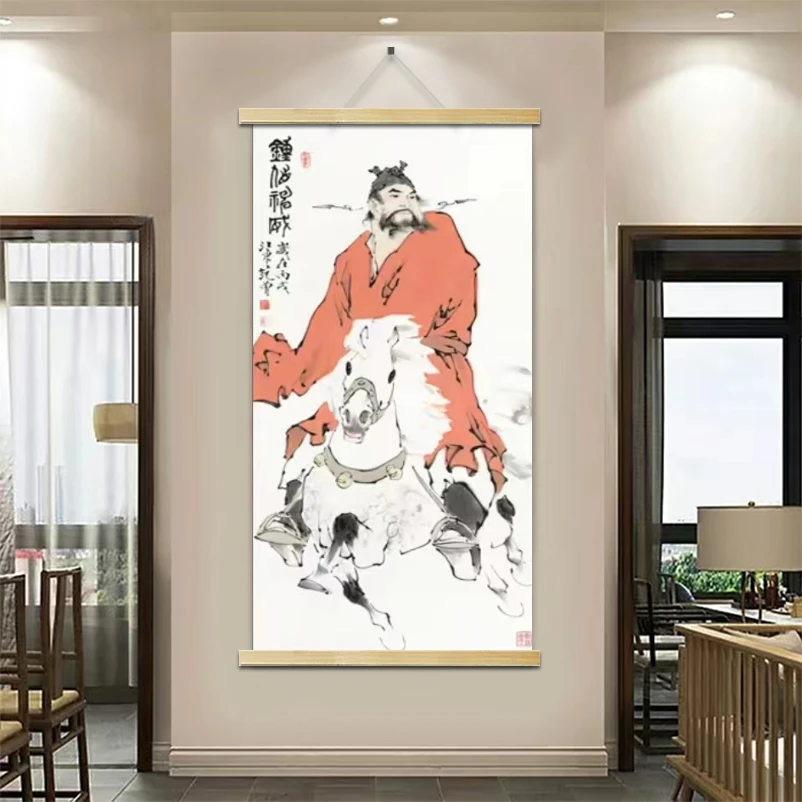钟馗清晰木轴布艺挂画实木挂画卷轴山水清新家居装饰画高品质