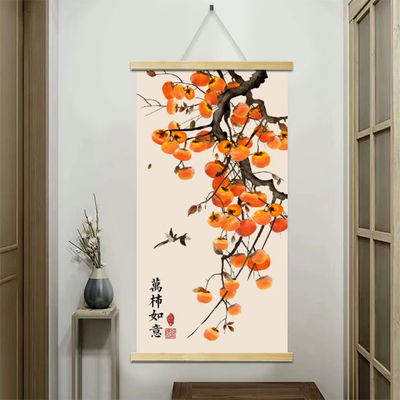 柿子客厅装饰品玄关装饰沙发背景墙家居饰品挂画卷轴实木挂轴轻奢