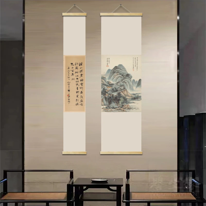 茶室清晰木轴布艺挂画实木挂画卷轴山水清新家居装饰画高品质