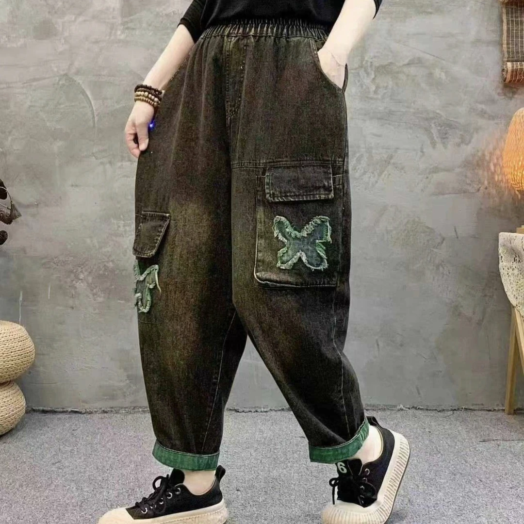 秋款炒黑牛仔裤水洗宽松休闲做旧休闲裤复古