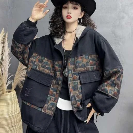 炒色牛仔棉加兔绒拼花大口袋短款外套时尚休闲百搭宽松拼接拼色
