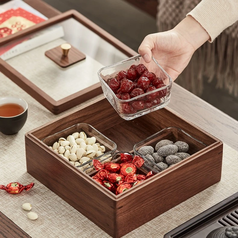 高档轻奢客厅胡桃木实木分格带盖密封糖果盘/果盒/干果盘/水果盘