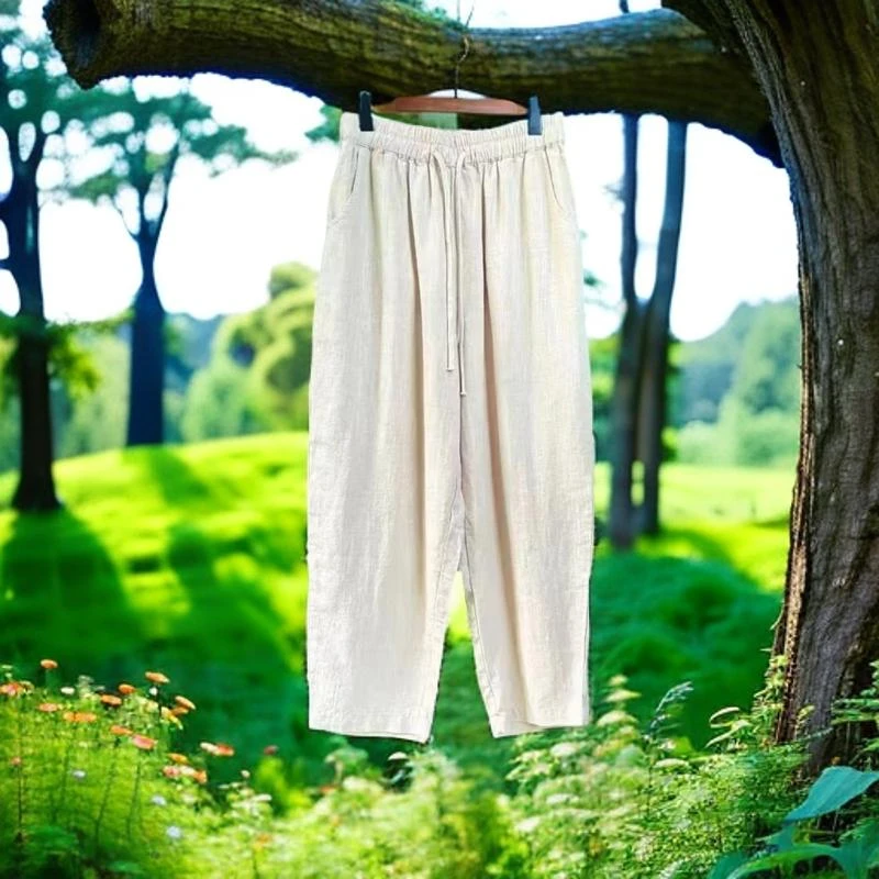 宽松显瘦亚麻老爹裤休闲裤时尚百搭哈伦裤带腰带系绳萝卜裤