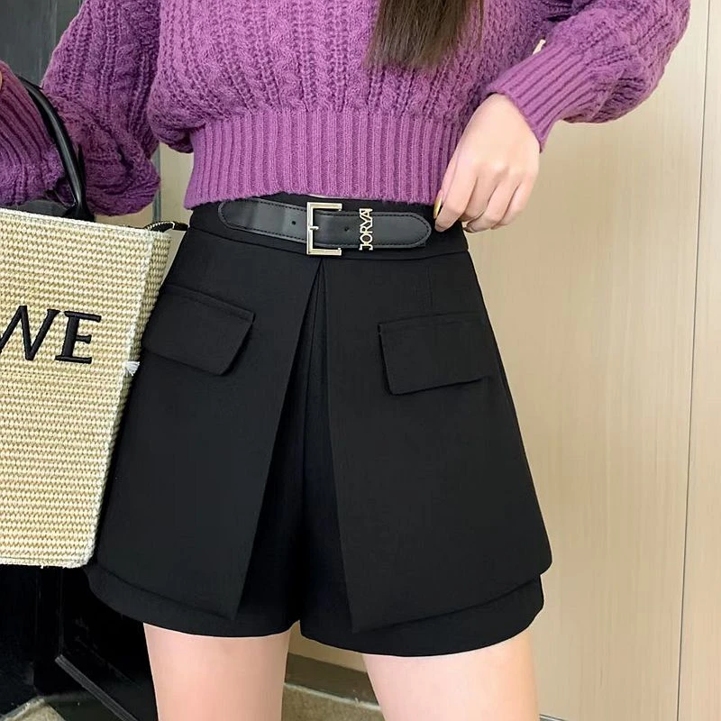 2023秋冬新款网红高腰假腰带女百搭休闲时尚显瘦口袋双层加厚短裤