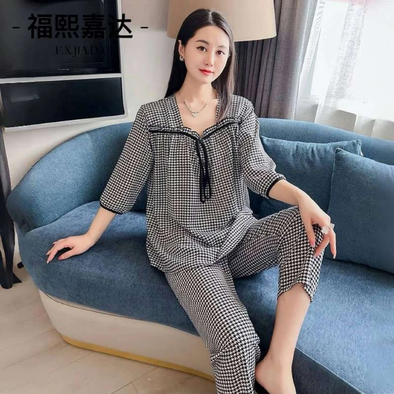 网红爆款大码家居服套装女秋季新款睡衣七分袖宽松上衣长裤两件套