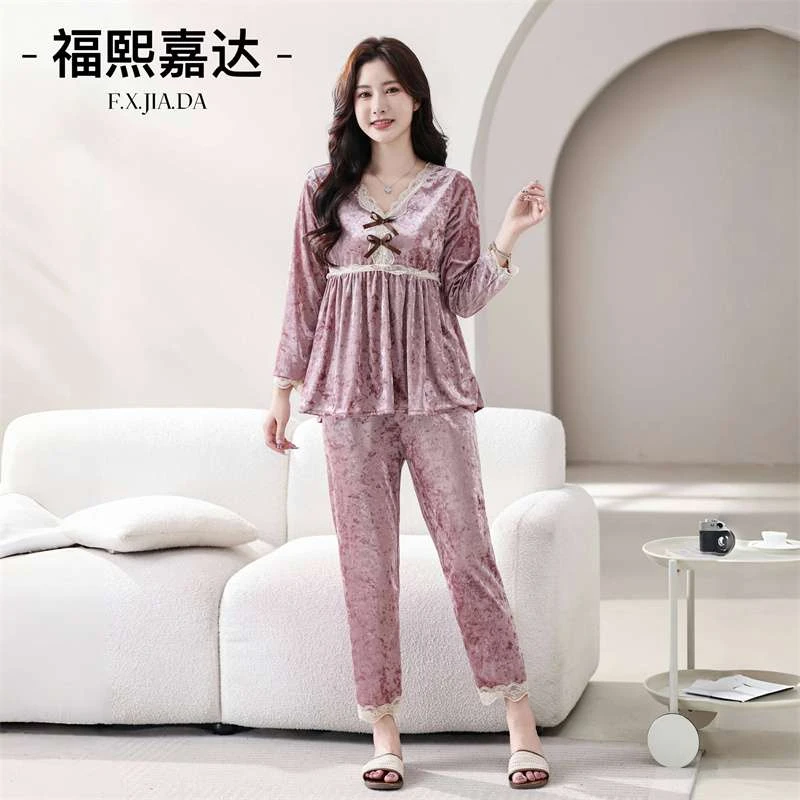 网红同款钻石绒睡衣女秋冬韩版时尚甜美蕾丝边冬季长袖家居服套装