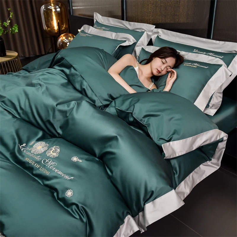 100支全棉长绒棉高端刺绣四件套纯棉轻奢酒店风床上用品床单被套4