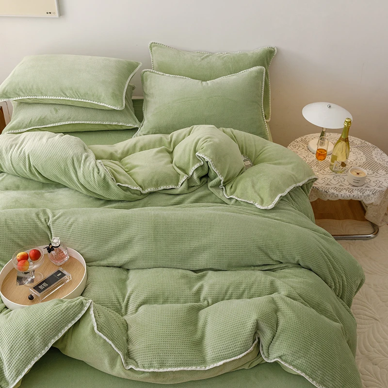 华夫格牛奶绒加厚保暖四件套床上宝宝绒被套床品秋冬珊瑚加绒床单