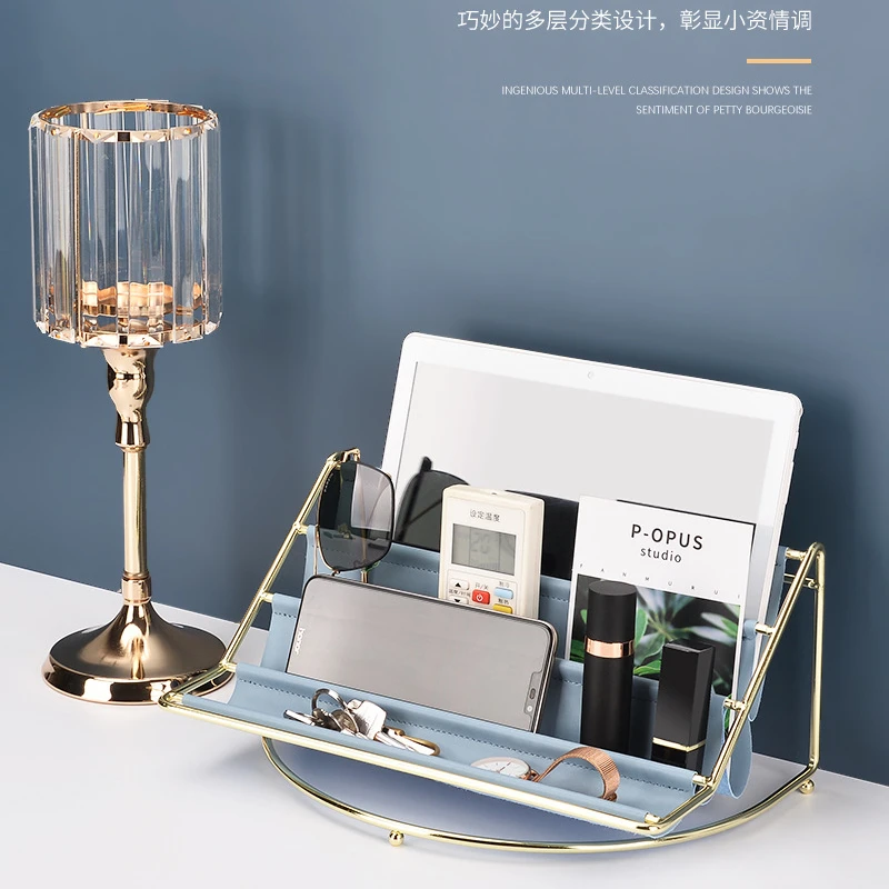 多层铁艺皮革置物架北欧客厅摆件钥匙遥控器收纳盒化妆品桌面整理