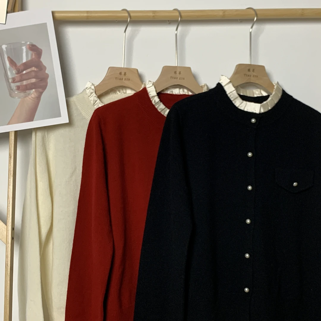 YUANXUN 100羊毛领口花边珍珠纽扣羊毛气质时尚百搭开衫