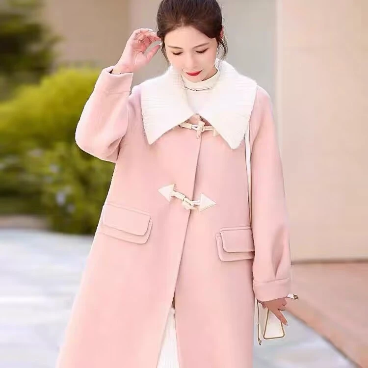 粉色双面羊绒呢大衣女2023秋冬新款韩版宽松中长款赫本风毛呢外套