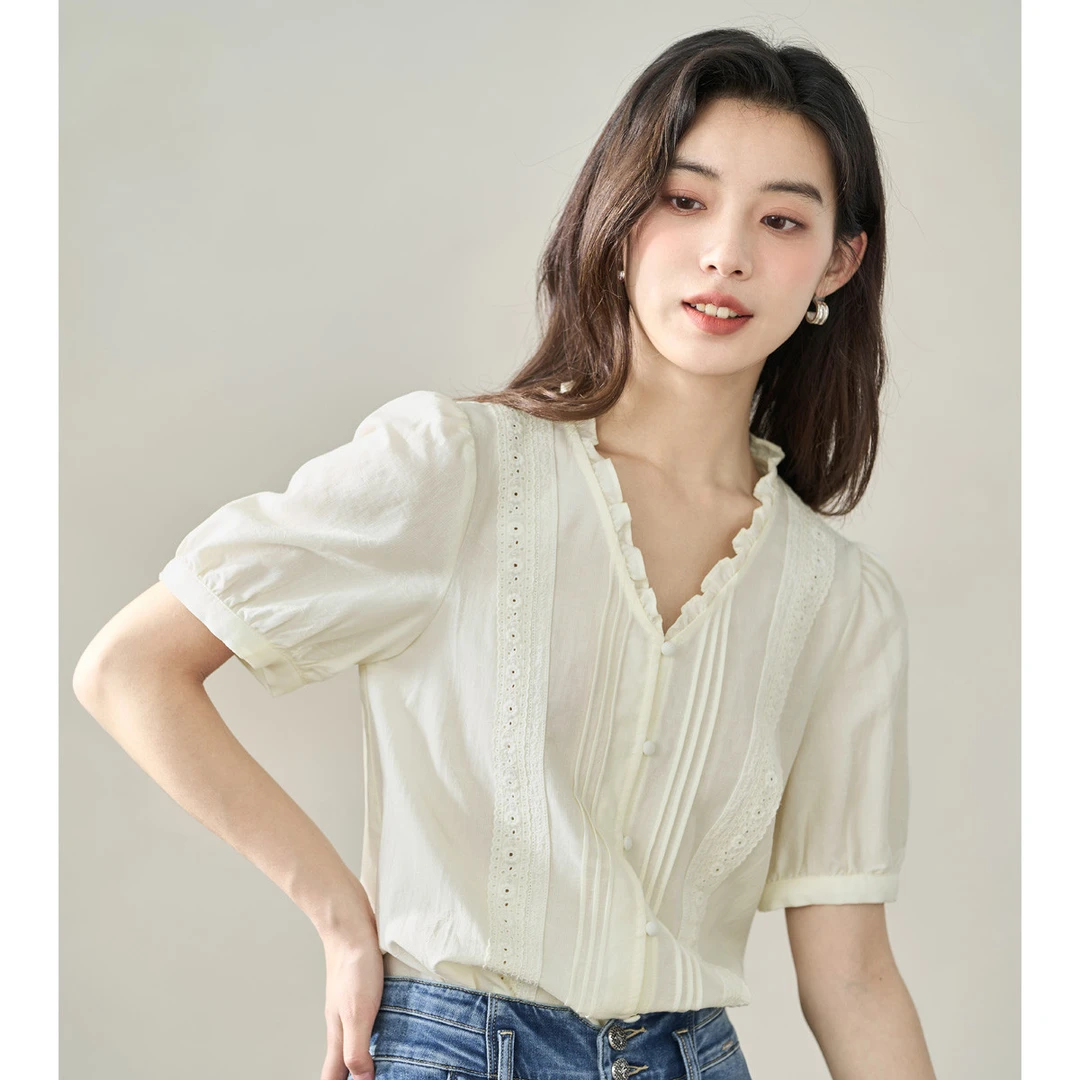 莱赛尔抗皱短袖衬衫女茵曼夏季新款法式气质V领衬衣上衣18326283