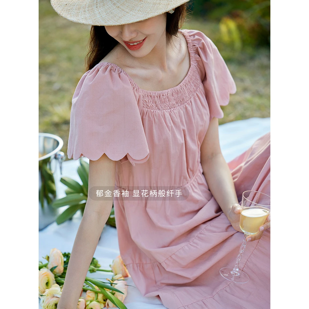 【欧若假日风】茵曼圆领波浪边袖连衣裙25夏女新款松紧腰A摆蛋糕裙