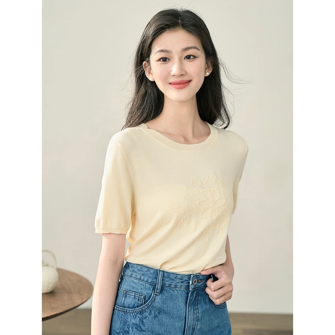 【商城同款】茵曼刺绣套头薄针织衫女2024年秋季新款百搭短袖上衣