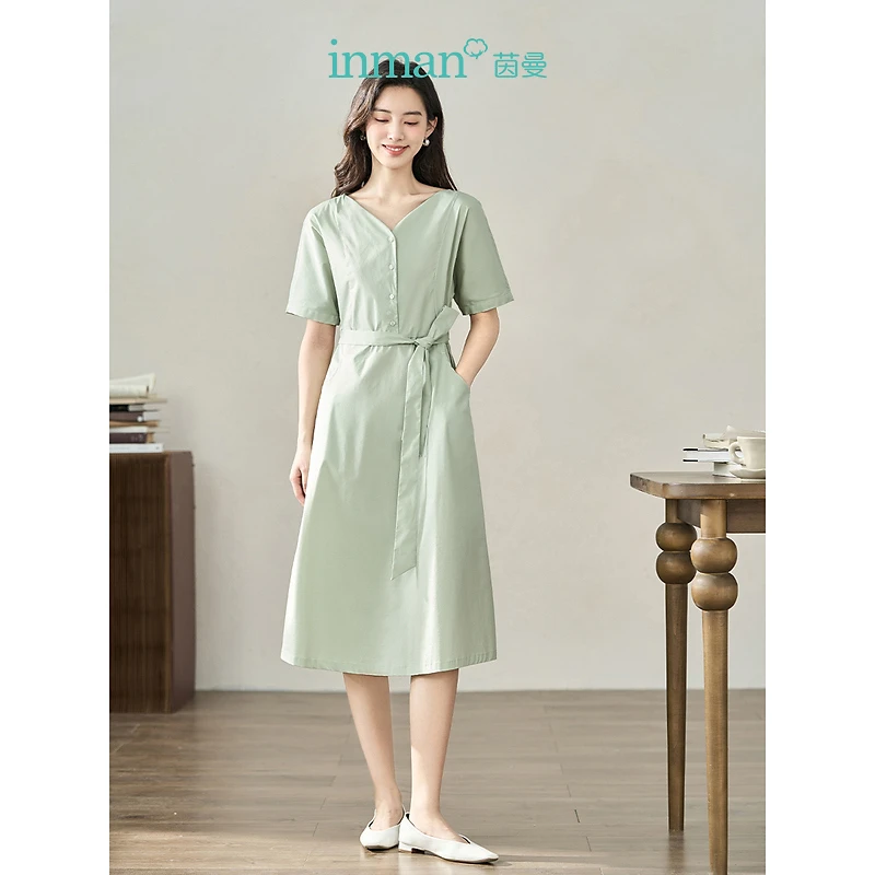 【反季清仓】茵曼优雅女装连衣裙夏季新款翻领连袖绑带收腰气质裙子