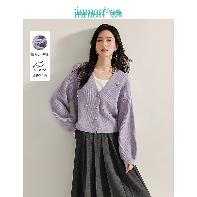 茵曼法式通勤银丝钉珠开衫毛衣2025春季女装新款宽松落肩长袖上衣