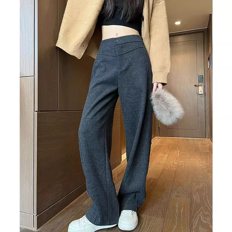 灰色香蕉裤女春秋季冬款卫裤休闲羊毛呢镰刀裤宽松垂感直筒阔腿裤