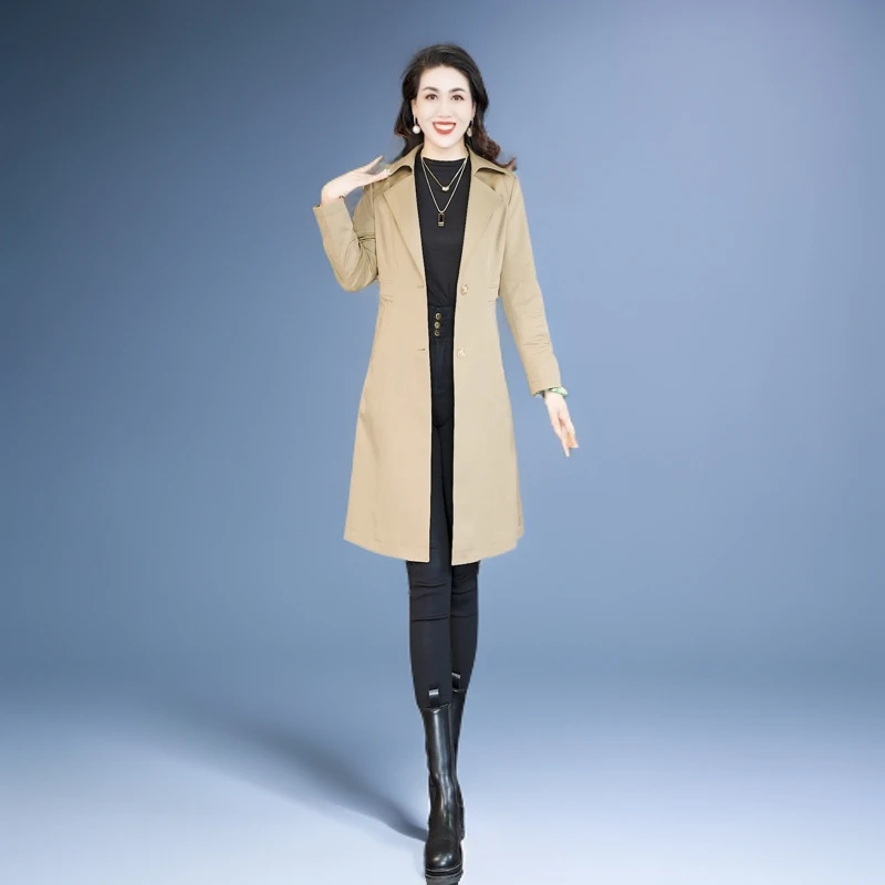 【W017】中年过膝风衣气洋气修身显瘦收腰时尚中长款气质秋季过膝