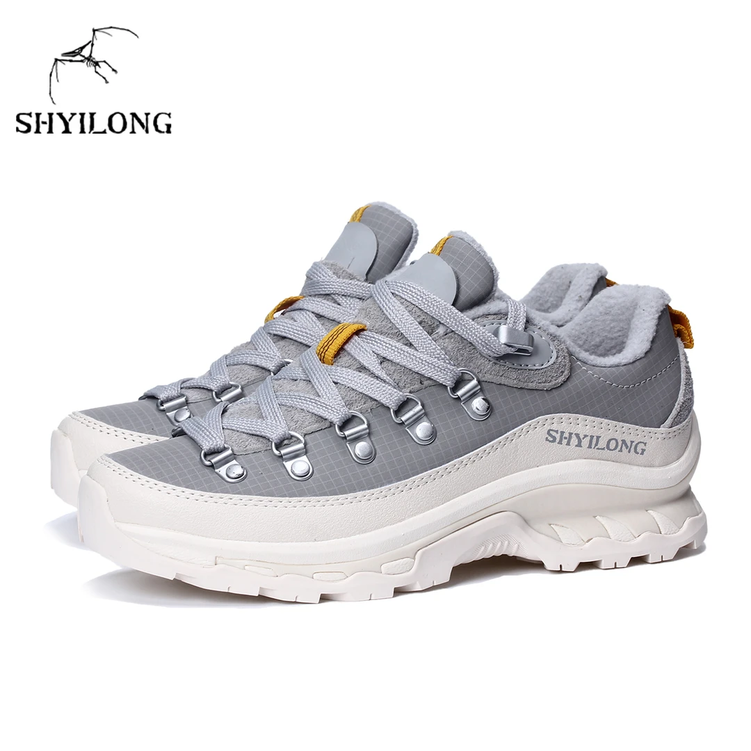 SHYILONG 冬季徒步鞋户外鞋格子纹防水越野跑鞋绒里商务休闲鞋