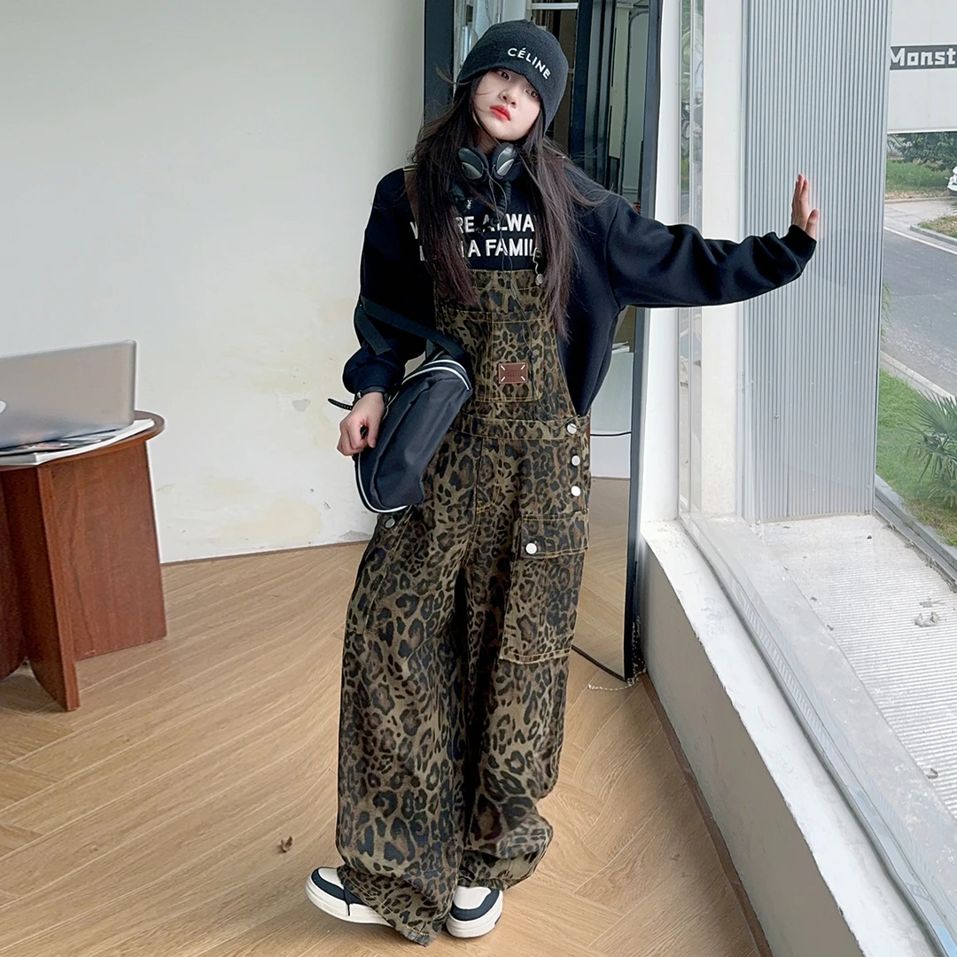 女童2024美式复古豹纹牛仔背带裤套装休闲百搭阔腿直筒背带长裤