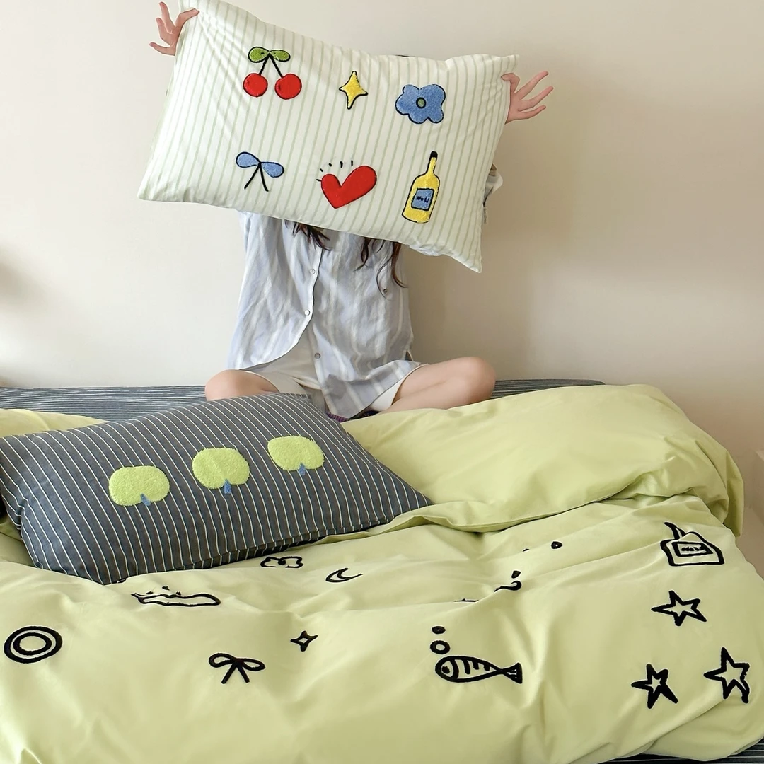 小温暖 青苹果四件套 全棉水洗棉四件套 小清新可爱春夏款四件套