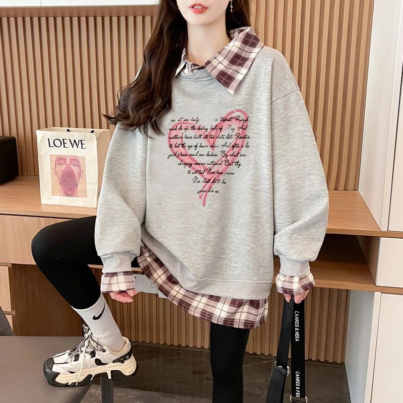 特大码300斤胖mm显瘦遮肚假两件卫衣女春秋季宽松韩系慵懒风上衣