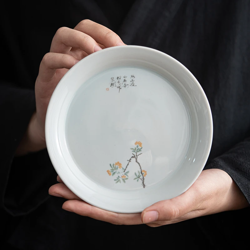 影青中式陶瓷圆形壶承盖碗小型托盘家用零食小果盘茶具配件养壶垫