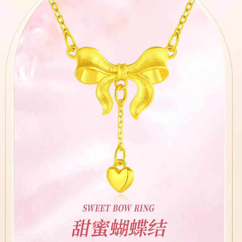 足金可爱蝴蝶结横穿黄金吊坠女款七夕顺丰包邮夏季款送女友金项链