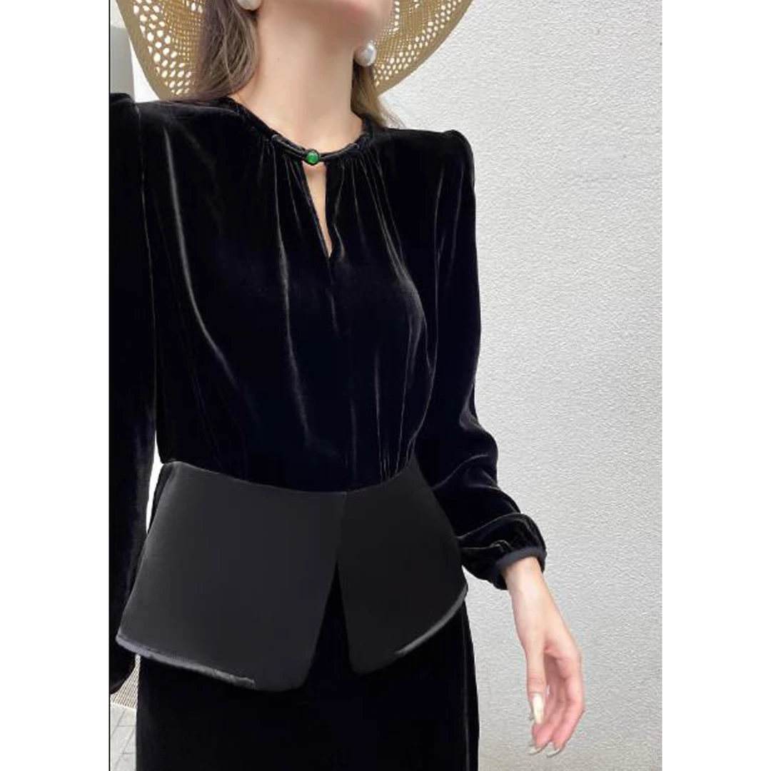 无品牌高端真丝丝绒上衣女早秋新款黑色显瘦气质百搭拼接收腰衬衫