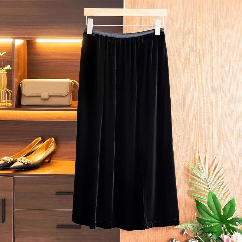 高端真丝丝绒过膝半身开叉A字裙中长款松紧松紧腰百搭