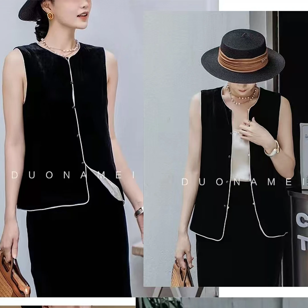 两面穿-真丝丝绒马甲女春秋新款马夹背心提花上衣显瘦气质无袖