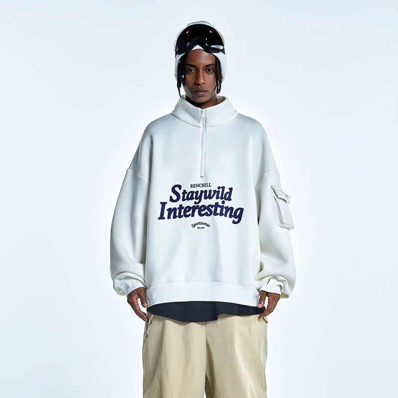 Ren刃川 白色空气层高领滑雪服卫衣男女款宽松防水单板保暖运动