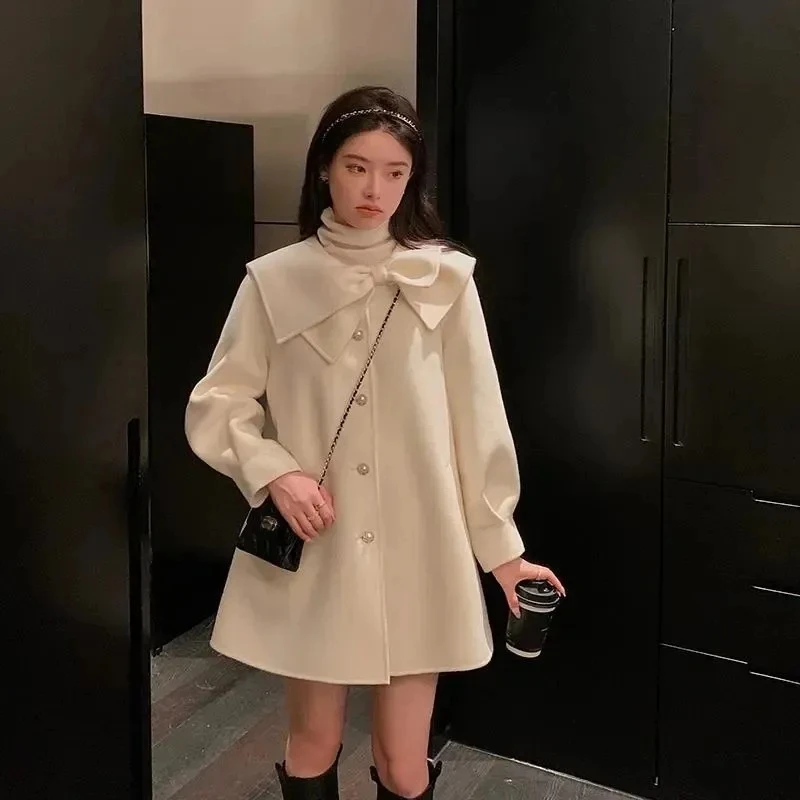 小香风蝴蝶结毛呢外套女秋冬2024新款设计感宽松气质加厚呢子大衣