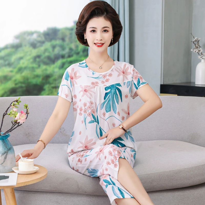 新款睡衣女2025年春秋中老年棉绸家居服女士大码短袖套装妈妈夏季