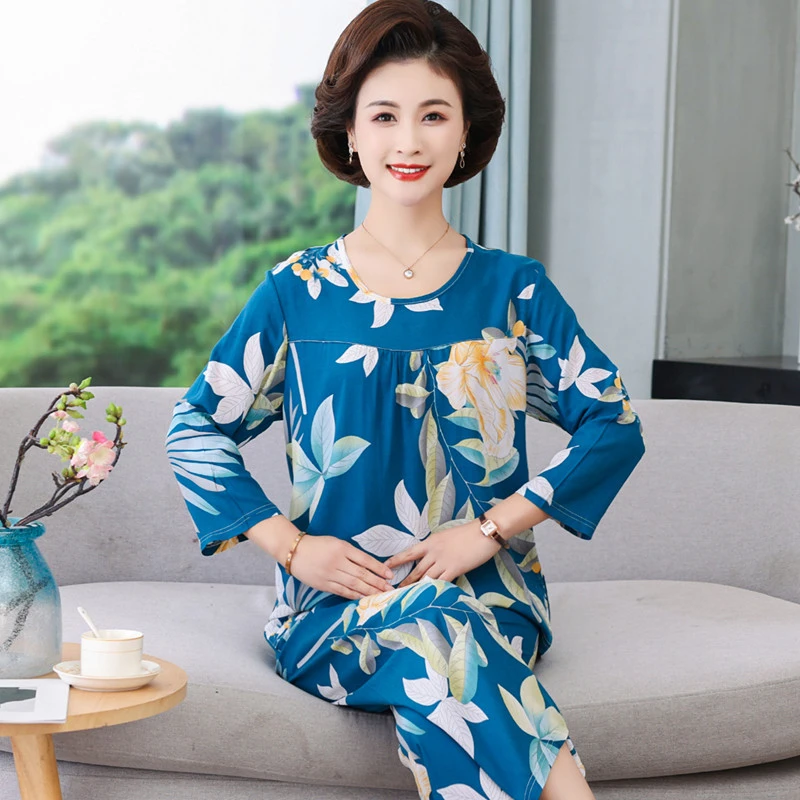 棉绸妈妈装中老年人睡衣女夏季薄款长袖人造棉套装绵绸休闲春秋季