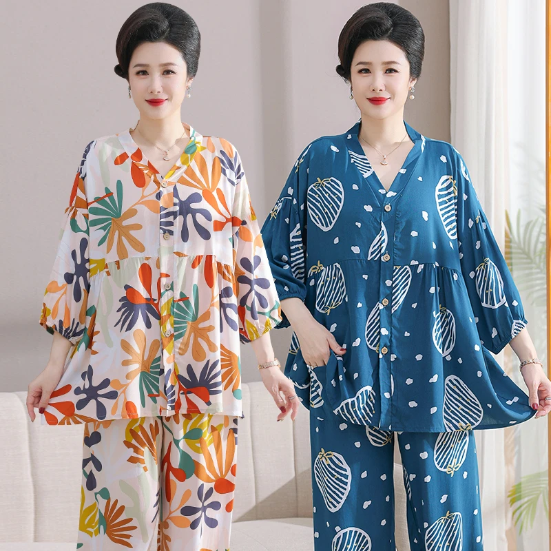 睡衣女款2025新款春秋款中老年棉绸开衫女薄款妈妈家居服宽松长袖