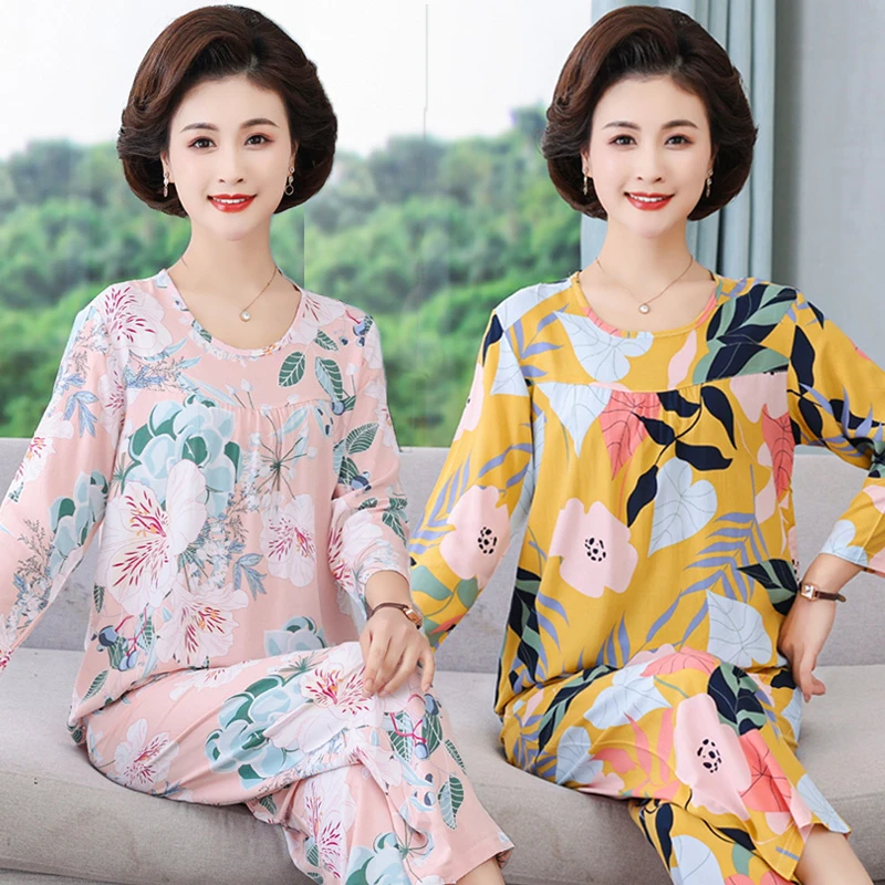 棉绸睡衣女套装2025年新款长袖印花中老年人家居服时尚休闲妈妈装