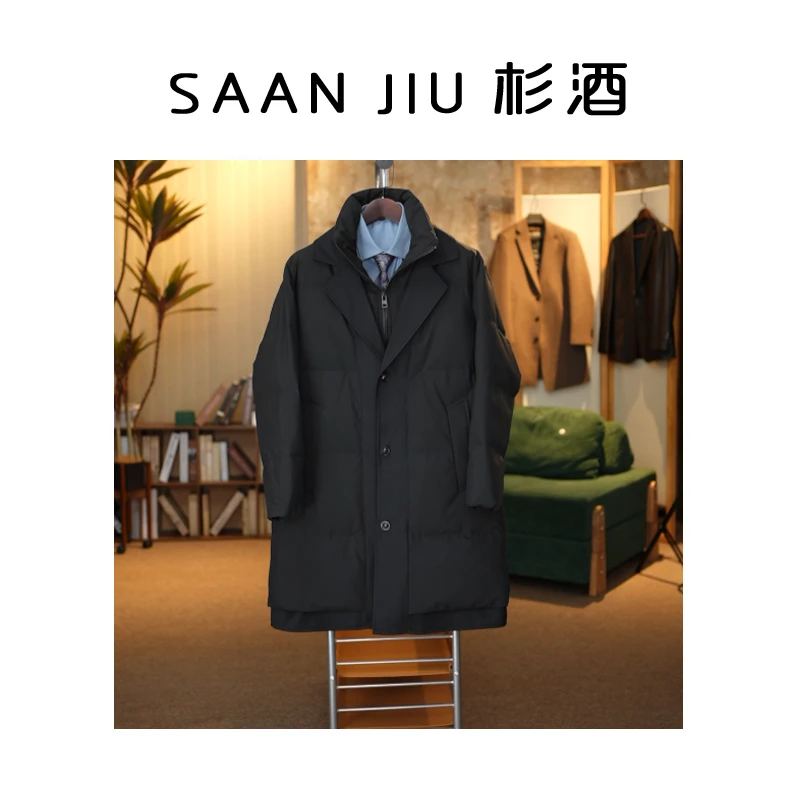 杉酒SJ男士（冬季长款羽绒内胆翻领修身外套）时尚白鸭假两件外套