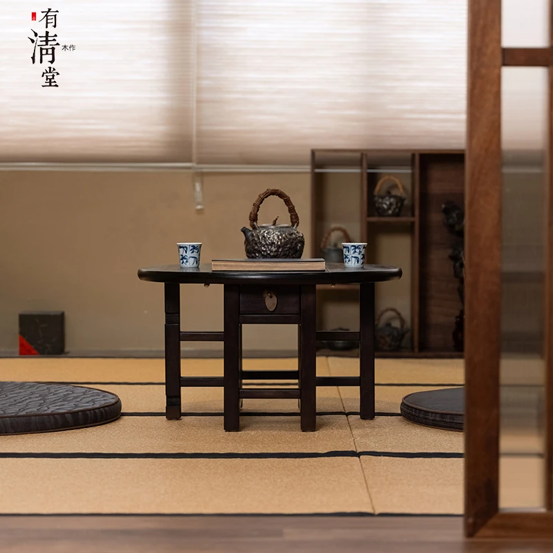 有清堂新中式实木圆茶桌榻榻米多功能可折叠简约小圆几储物飘窗桌