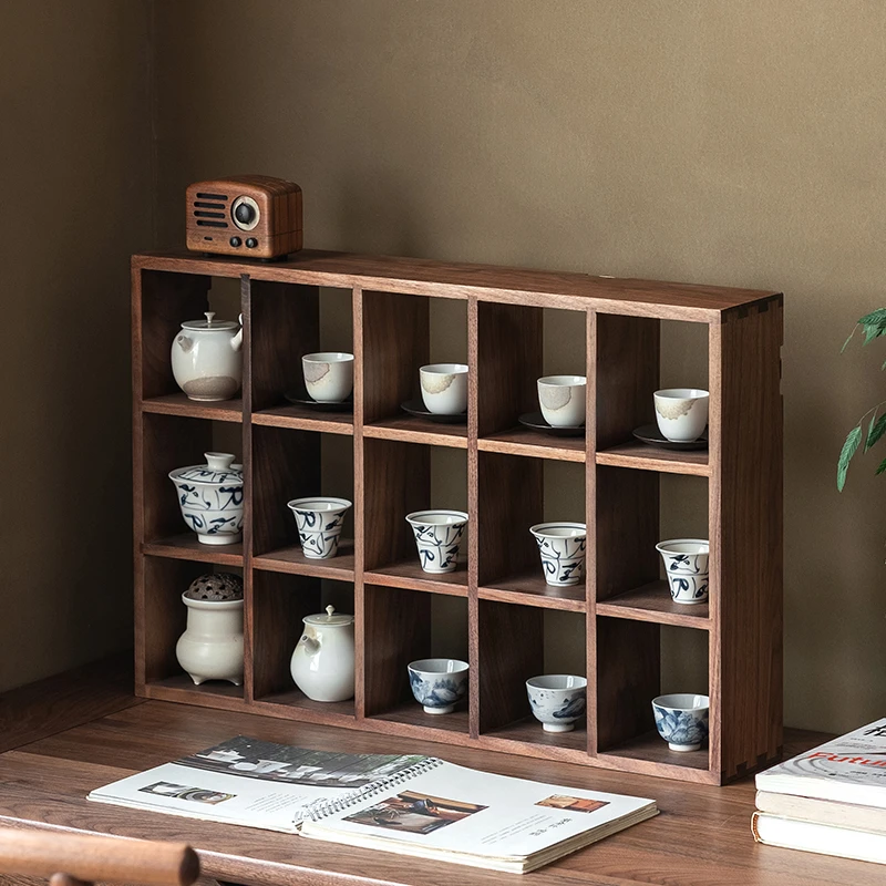 有清堂新中式黑胡桃板木款置物架书房复古创意置物架子家用收纳