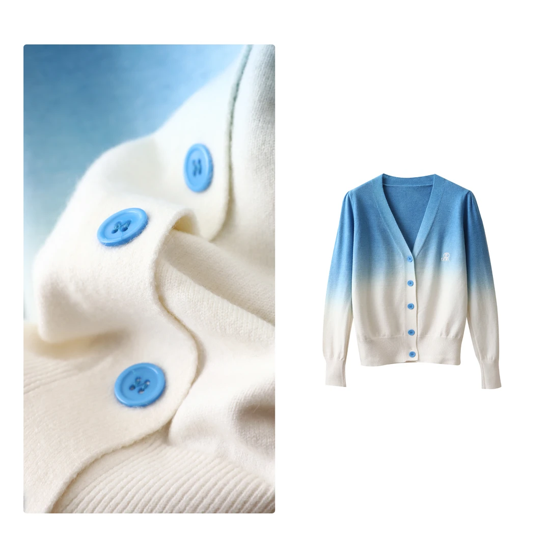 现货！门店17&9！时尚渐变款~ 拼色渐变V领女式针织衫H00166