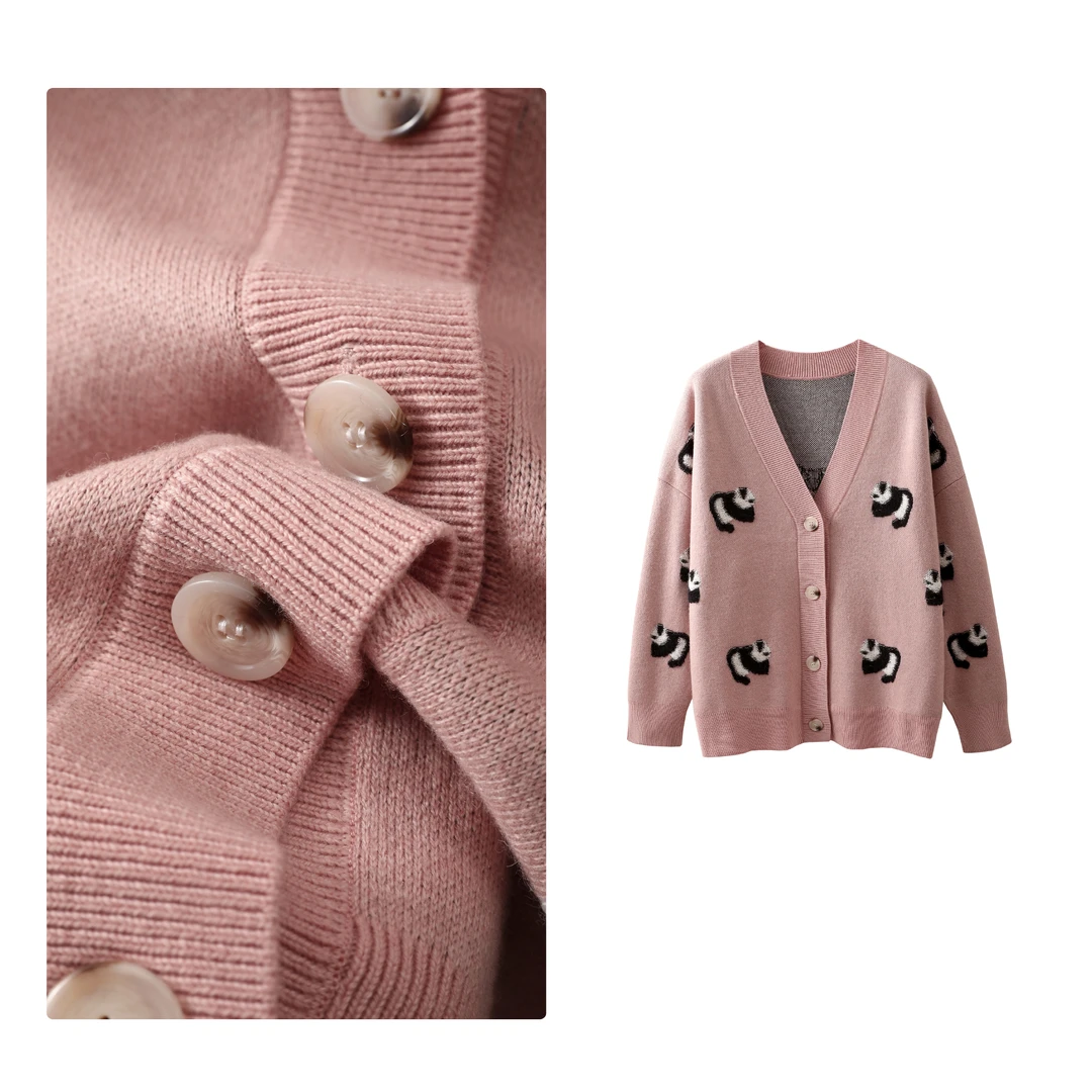 现货！门店20&9！熊猫提花~绵羊毛舒适百搭宽松针织开衫H00407