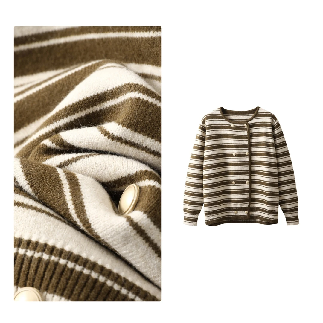 现货！门店2&49！时尚条纹~秋季圆领双排扣女式针织开衫H00538